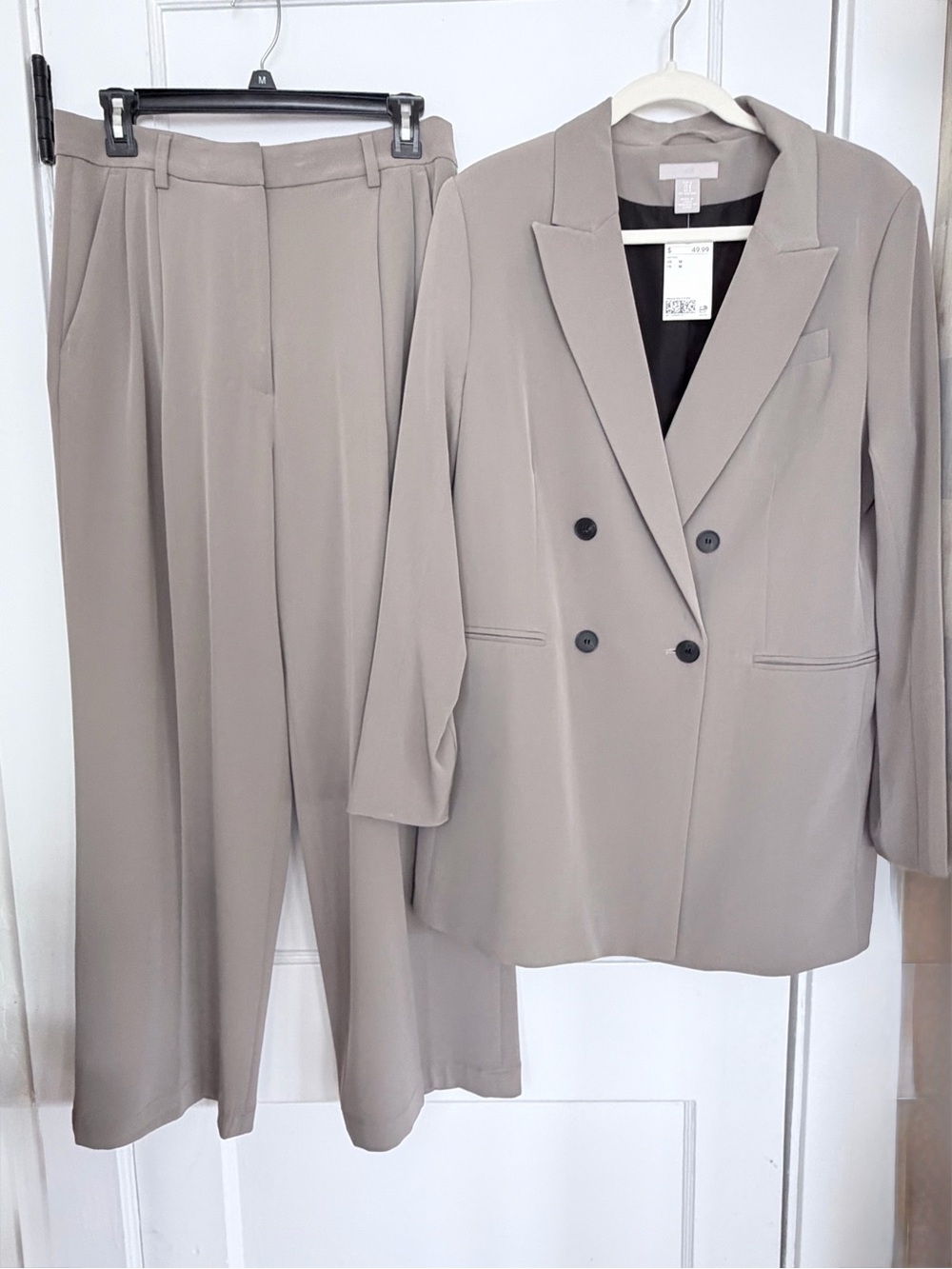 H&M Taupe-Like Double-Breasted Blazer and Wide-Leg Trousers